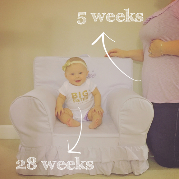 Rose sitting in chair, Becky kneeling by chair holding her stomach
