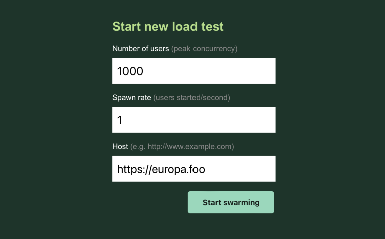 Tight crop of Locust’s browser interface with a “Start new load test” heading and three inputs with settings added: Number of users (1000), Spawn rate (1), and Host (https://europa.foo), followed with a button labeled “Start swarming”