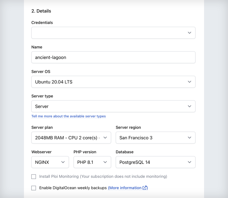 Screenshot of settings for a new Ploi server as described above