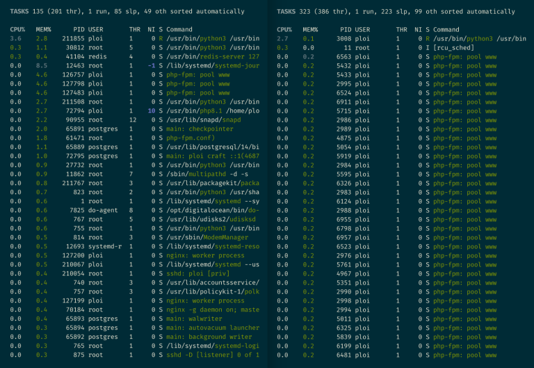 Side-by-side screenshots of server process lists, with very few `php-fpm` processes at left and almost exclusively `php-fpm` processes at right