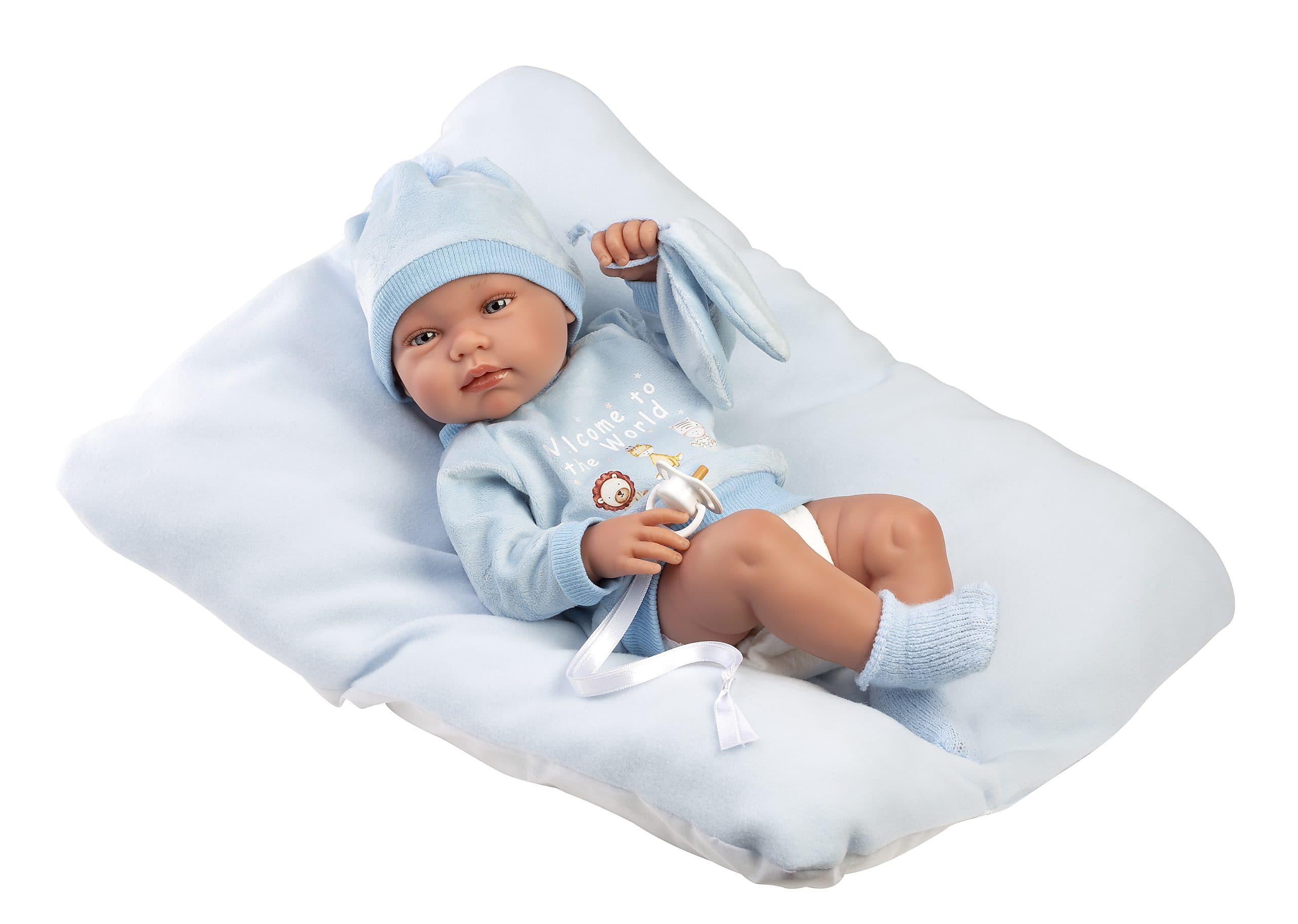 Llorens Dolls Articulated Doll 43 cm- Newborn Baby Doll Tino with Cushion- Blue