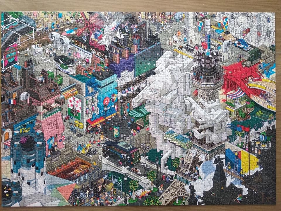 Busy, isometric illustration of a stylized, futuristic Paris cityscape.