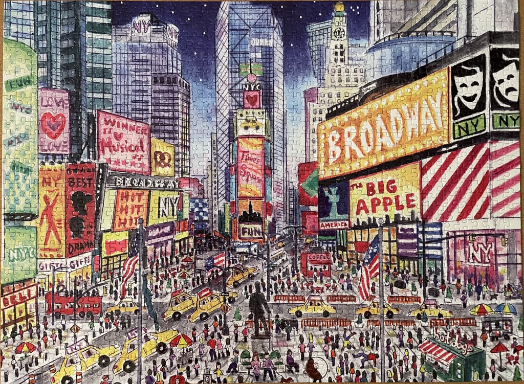 An illustrated, vibrant street-level view of a bustling New York City at night, packed with bright signs and crowds.