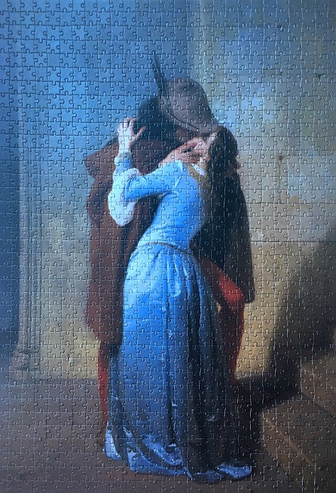 A romantic oil painting of a couple kissing on a staircase, known as The Kiss by Francesco Hayez.