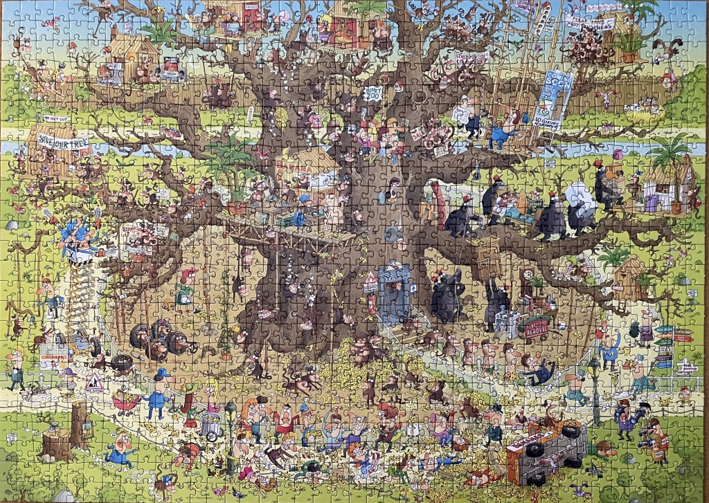 Cartoon illustration of a massive tree filled with monkey houses, protestors, and busy activity.