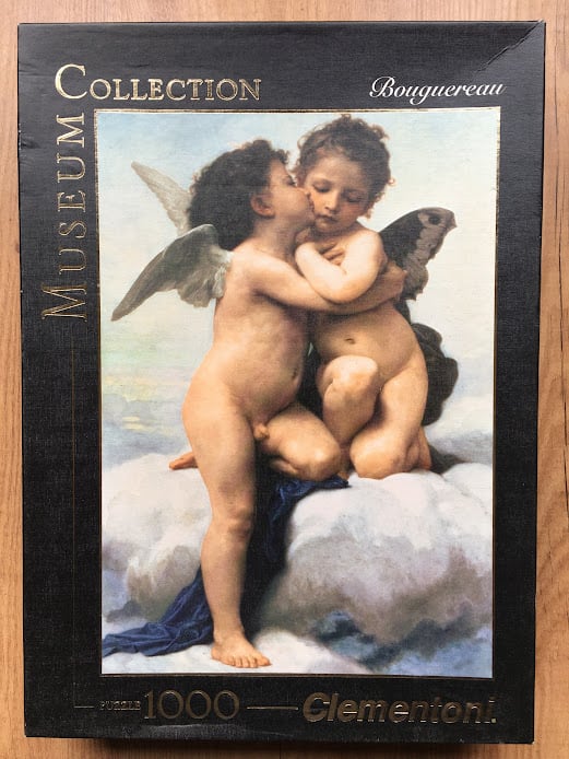 Classical oil painting of two winged cherubs embracing on a cloud.