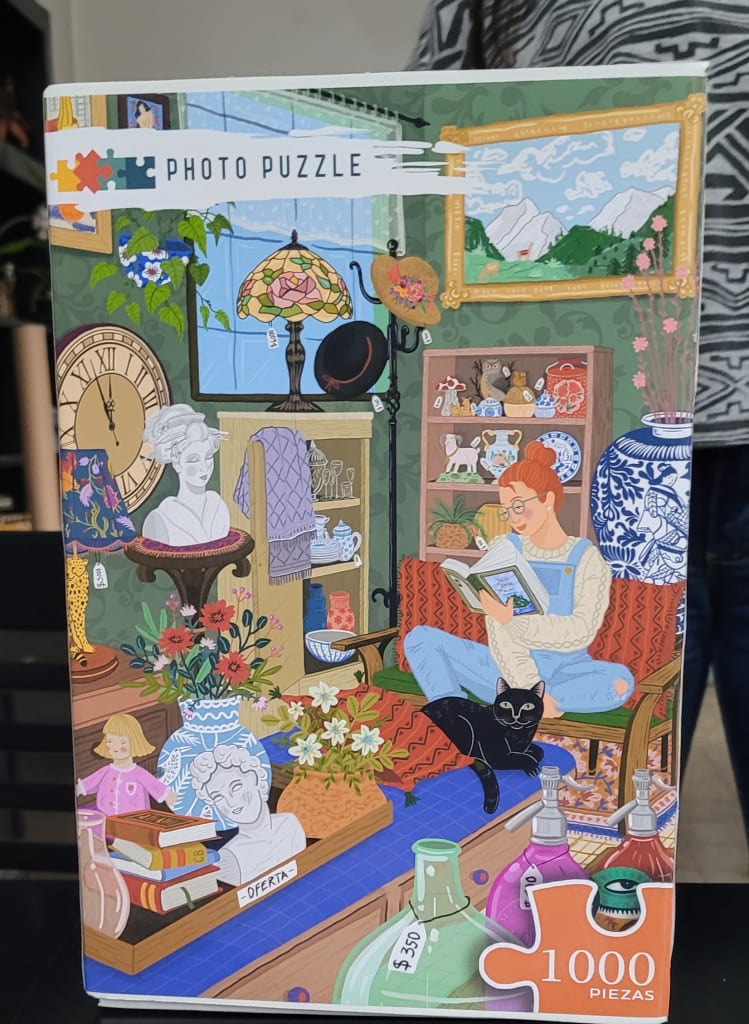An illustration of a young woman reading in a cozy antique shop filled with art, plants, and vintage decor.