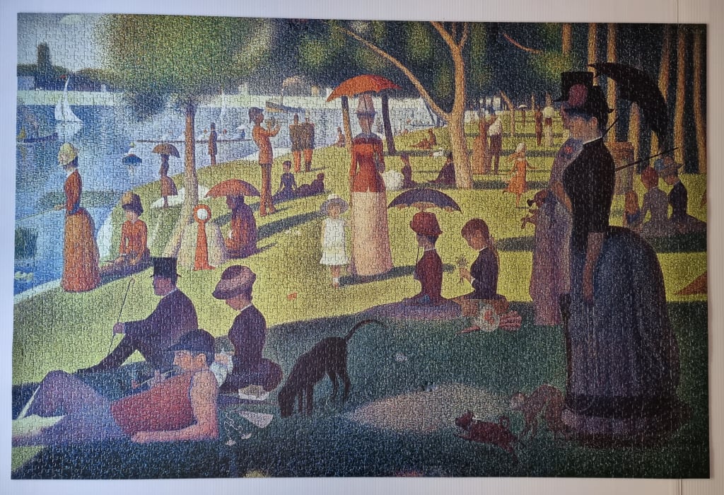A neo-impressionist painting of people relaxing in a park by the water, known as A Sunday Afternoon on the Island of La Grand