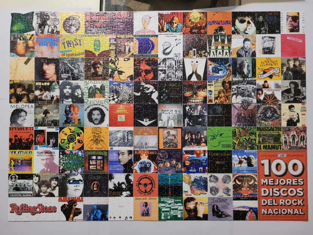 A collage of 100 classic Argentine rock album covers arranged in a grid, with a title panel in the bottom right.
