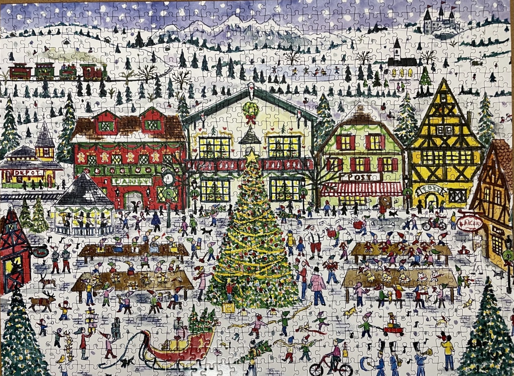 An illustrated winter village scene with a central Christmas tree, festive shops, and many small figures.