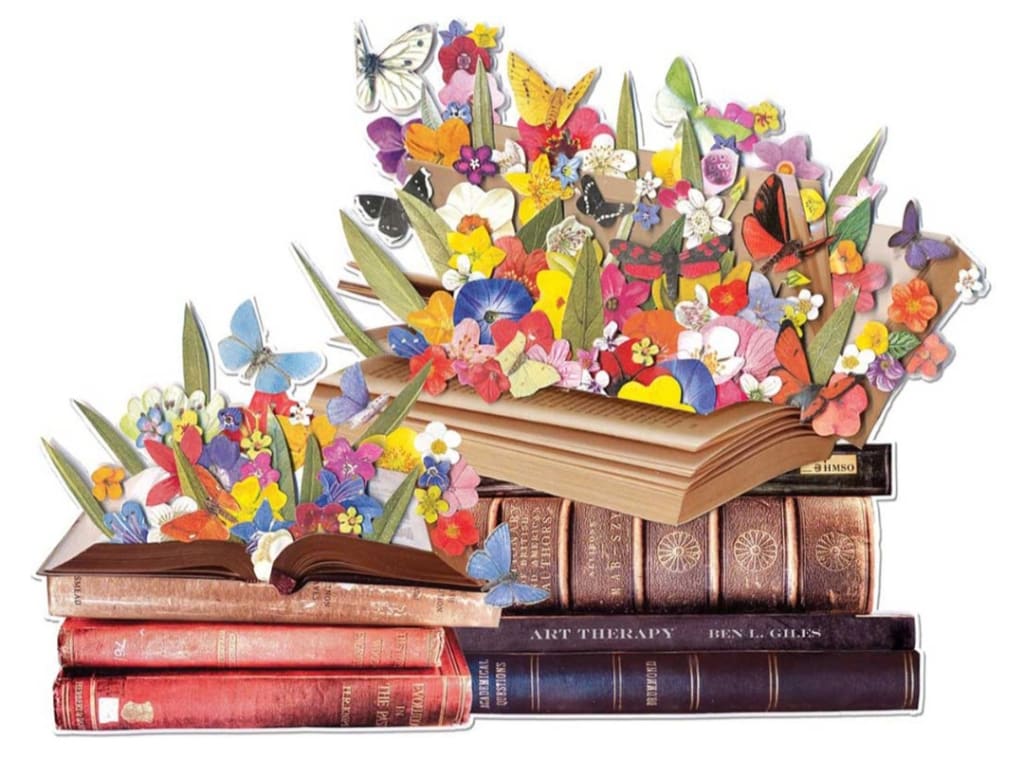 An illustration of vibrant flowers and butterflies erupting from the pages of stacked antique books.