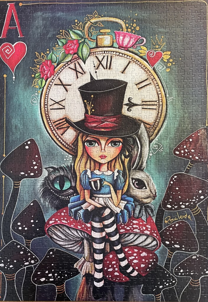Alice in Wonderland-themed art featuring a young girl in a top hat, a pocket watch, and a white rabbit as an Ace card.