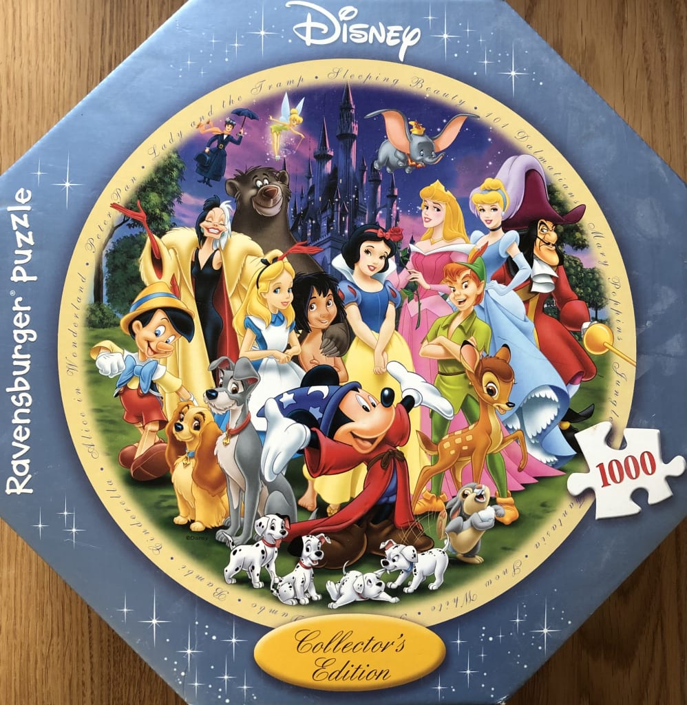 Collage of classic Disney characters including Mickey Mouse, Snow White, Pinocchio, and Peter Pan.