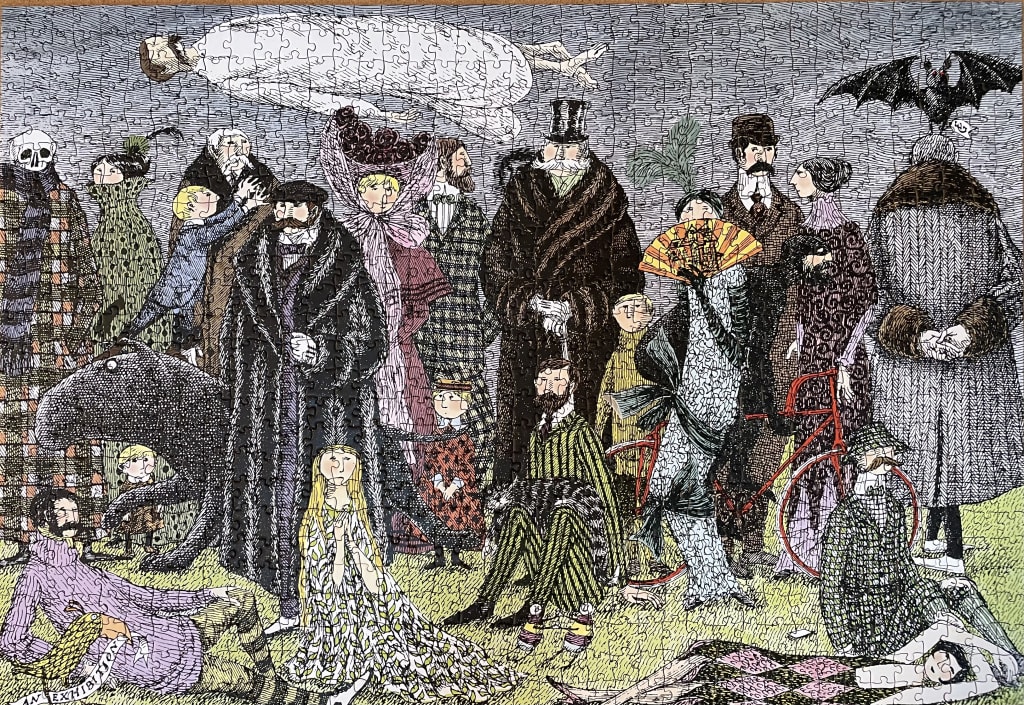 An eccentric, crowded Victorian-era illustration featuring diverse figures, a floating ghost, and a bat in a whimsical style.