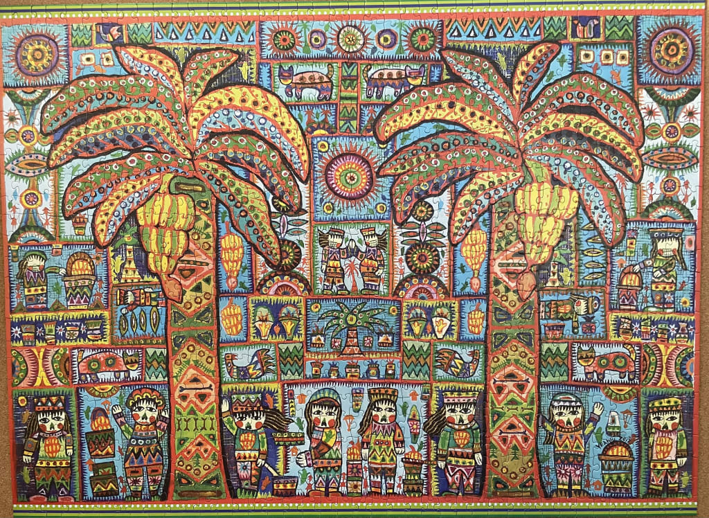 Folk art illustration featuring two large palm trees, stylized figures, and vibrant patterns in a grid-like composition.