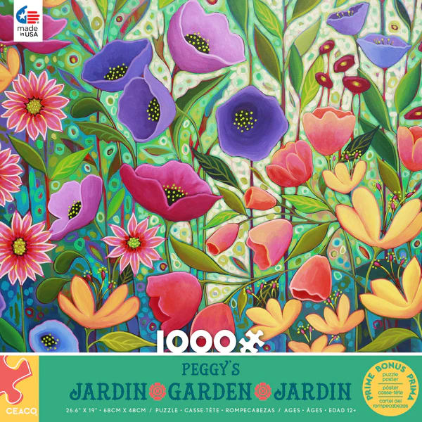 A vibrant, stylized illustration of a dense garden filled with colorful flowers and lush green foliage.
