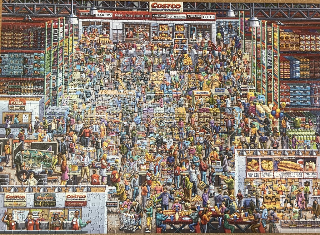 A bustling, busy illustration of a large warehouse grocery store filled with shoppers and merchandise.