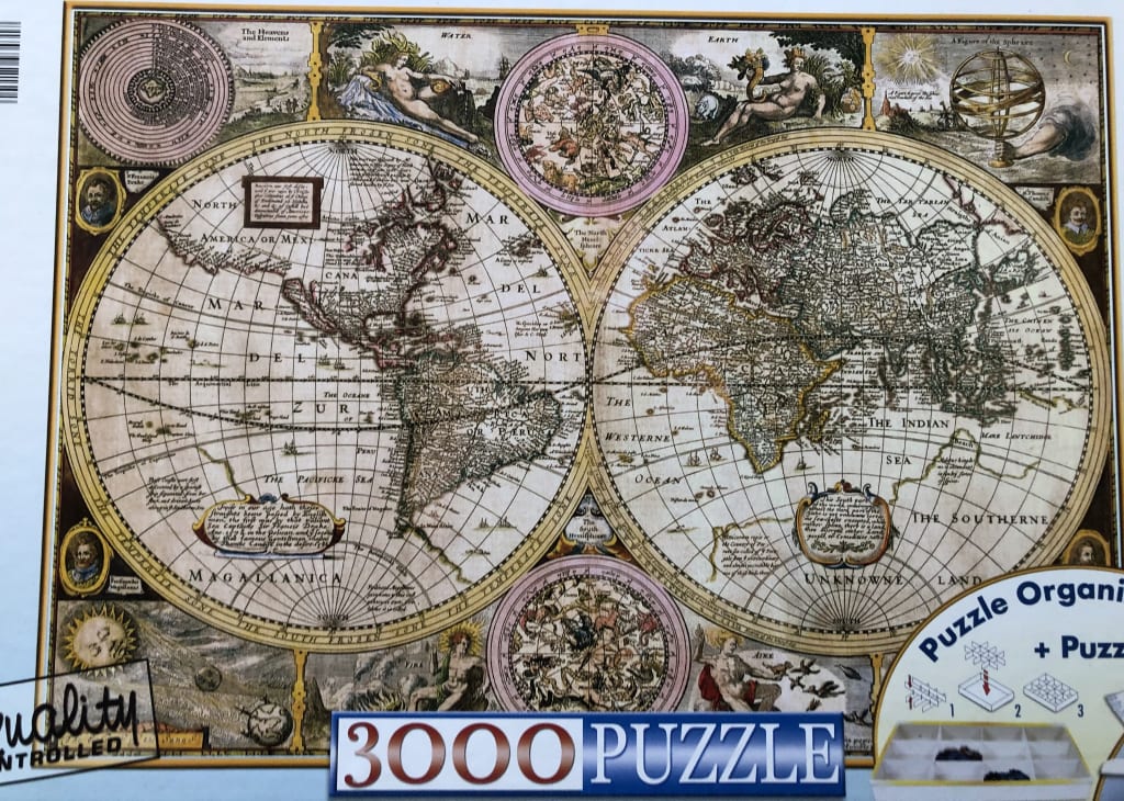 An antique-style dual-hemisphere world map featuring cartographic details, celestial charts, and allegorical figures.