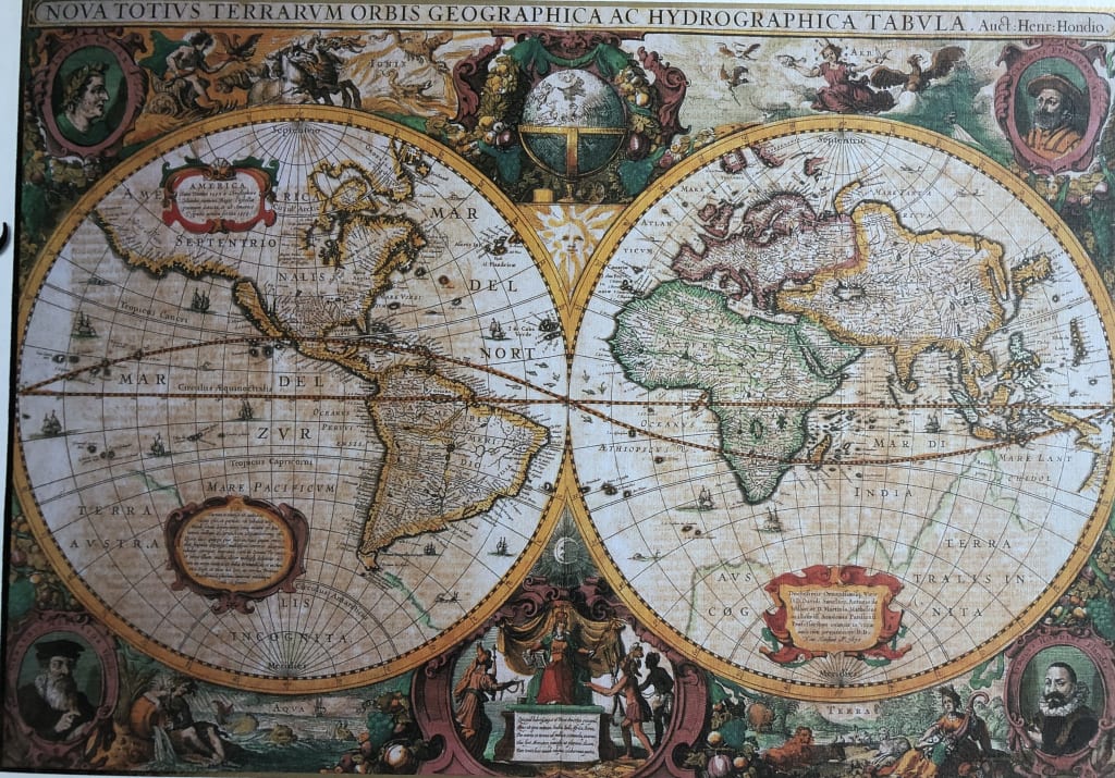 An antique-style dual-hemisphere world map featuring decorative borders and historical illustrations.