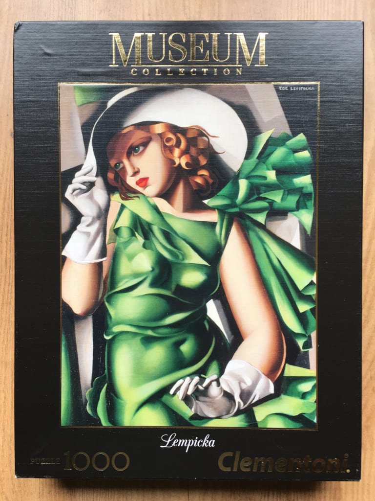 Art Deco painting of a woman in a green dress and white hat by Tamara de Lempicka