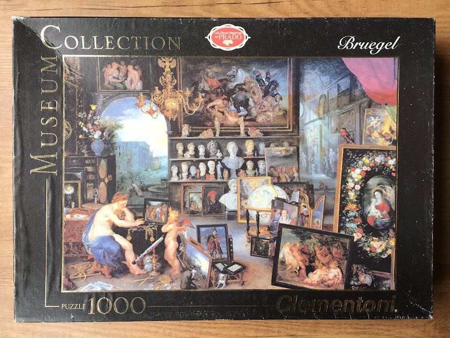 An oil painting depicts a crowded art gallery featuring an allegory of Sight, with many smaller paintings and sculptures.