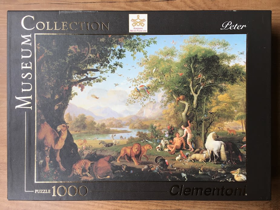 A vibrant classical painting of Adam and Eve in a lush, animal-filled Garden of Eden landscape.