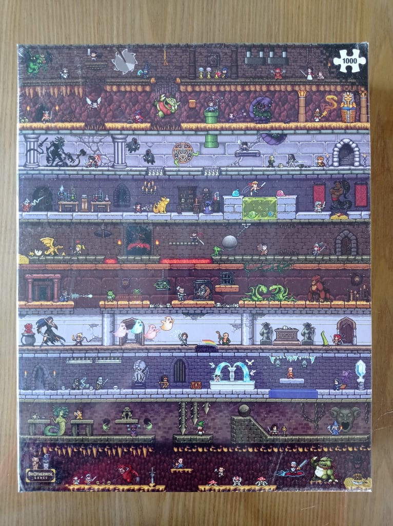 A pixel art illustration of a multi-level dungeon filled with various fantasy creatures, heroes, and traps.