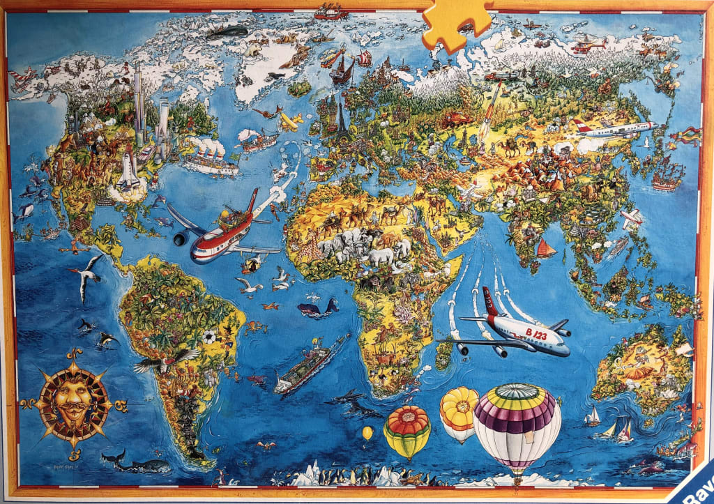 An illustrated, whimsical map of the world filled with landmarks, wildlife, and modes of transportation.