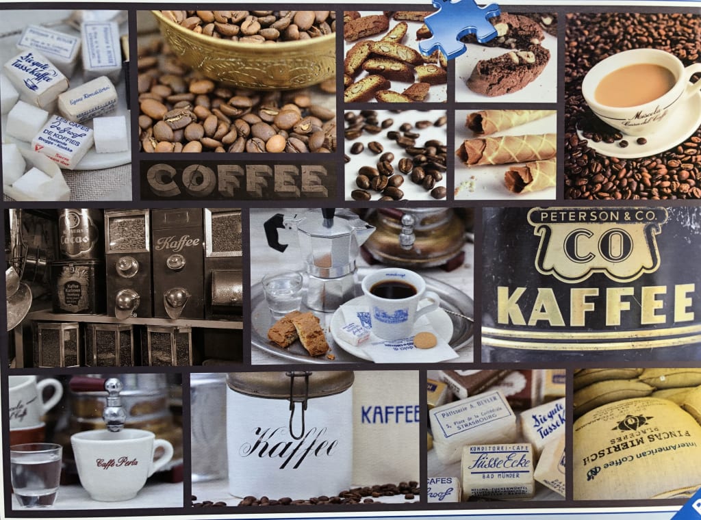 A collage of coffee-themed imagery including beans, cups, traditional canisters, and vintage sugar packets.