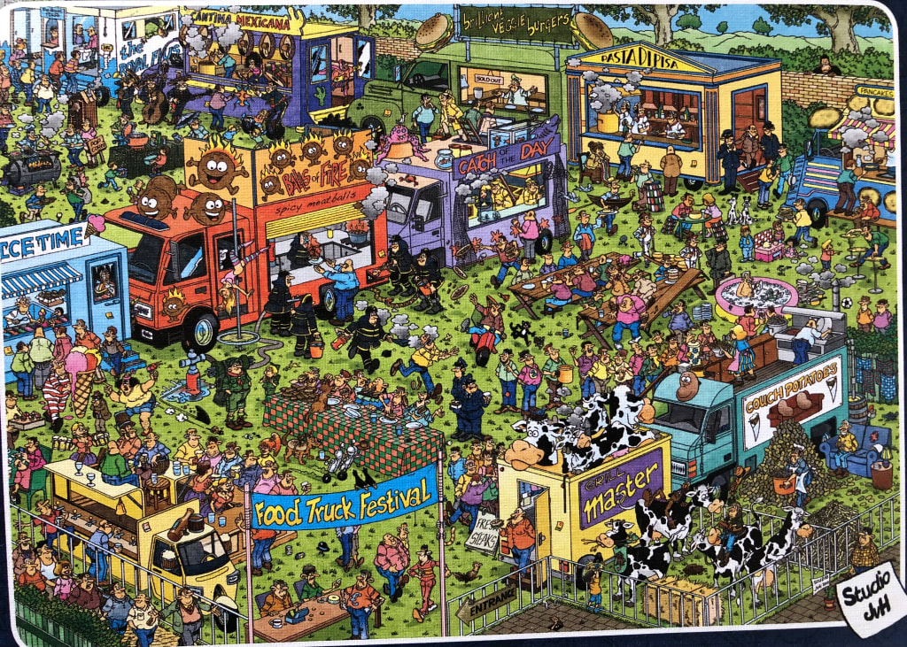 A chaotic cartoon scene of a crowded food truck festival in a grassy park