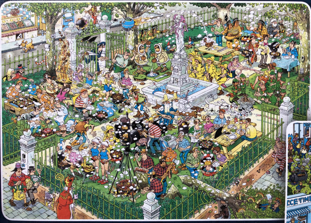 A bustling, chaotic park scene filled with many diverse people having a barbecue party around a central fountain.