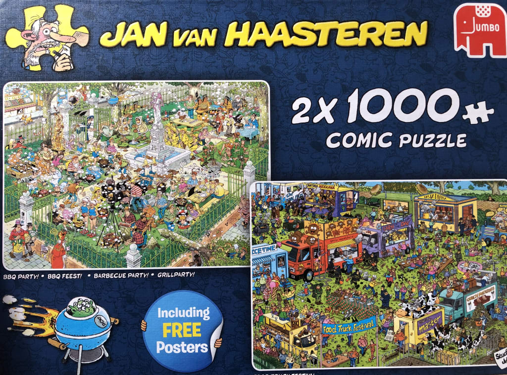 Two chaotic cartoon scenes depicting a busy barbecue party and a crowded food truck festival.