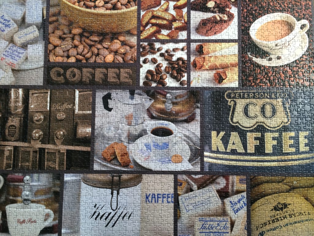 A collage of coffee-themed images featuring cups, beans, pastries, and vintage coffee canisters.