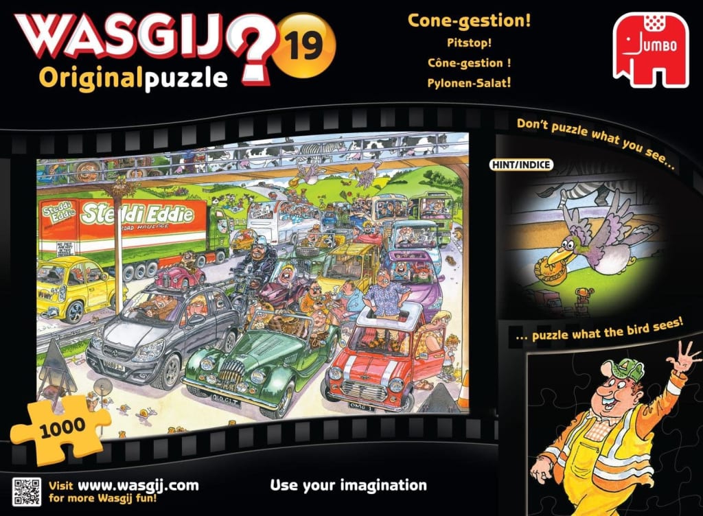 A comedic cartoon illustration of a massive traffic jam featuring a variety of cars, trucks, and frustrated drivers.