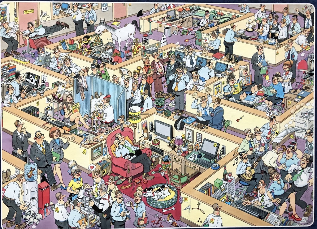 A chaotic cartoon office scene filled with numerous employees engaged in bizarre and humorous activities.