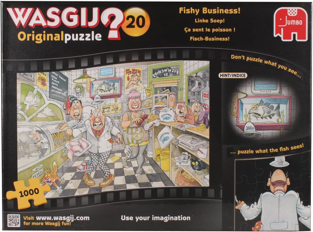 Cartoon illustration of a chaotic fish and chip shop with shocked customers and a cat.