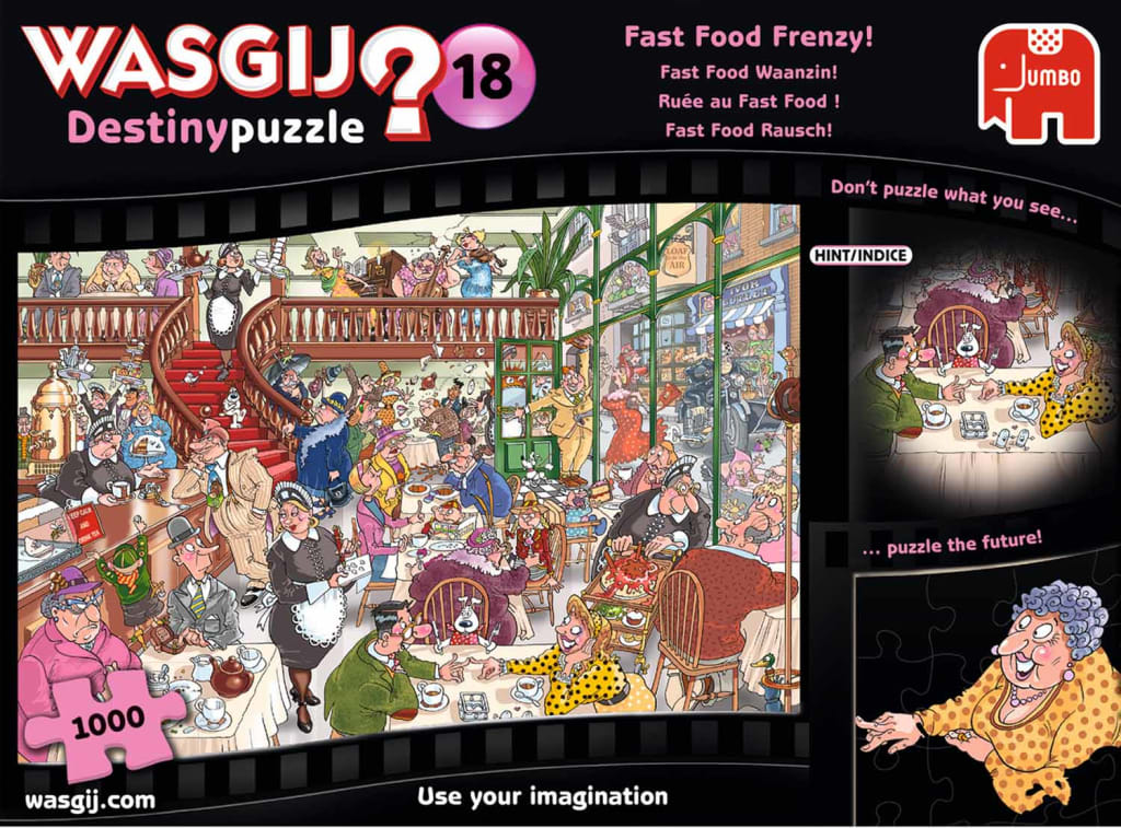 Cartoon illustration of a busy, chaotic restaurant with many eccentric diners and staff.