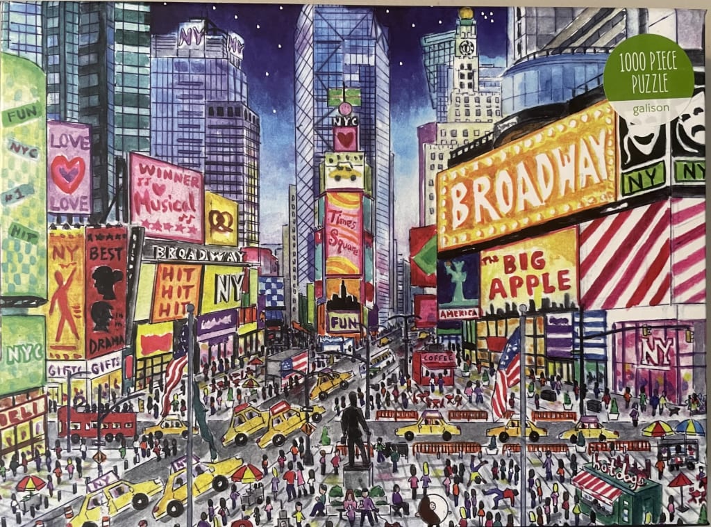 Watercolor illustration of a bustling Times Square at night with glowing billboards and yellow taxis.