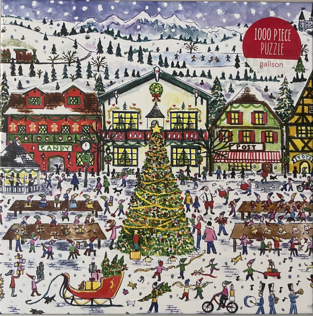 Whimsical watercolor painting of a busy, snow-covered village square during Christmas featuring a large tree and elves.