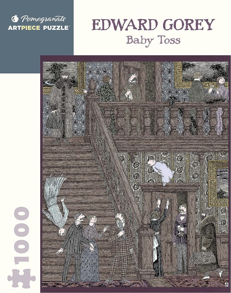 An Edward Gorey illustration titled Baby Toss showing Victorian figures in a house with a baby flying through the air.