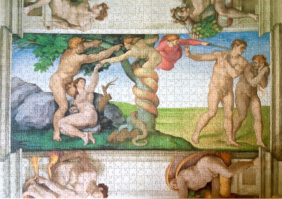 The Fall and Expulsion from the Garden of Eden, a classical Renaissance fresco style painting.