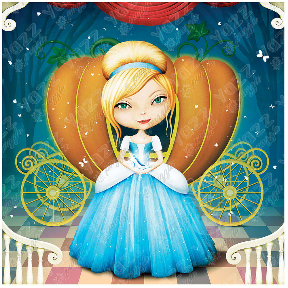 A whimsical illustration of a blonde girl in a blue ballgown standing in front of a pumpkin carriage.