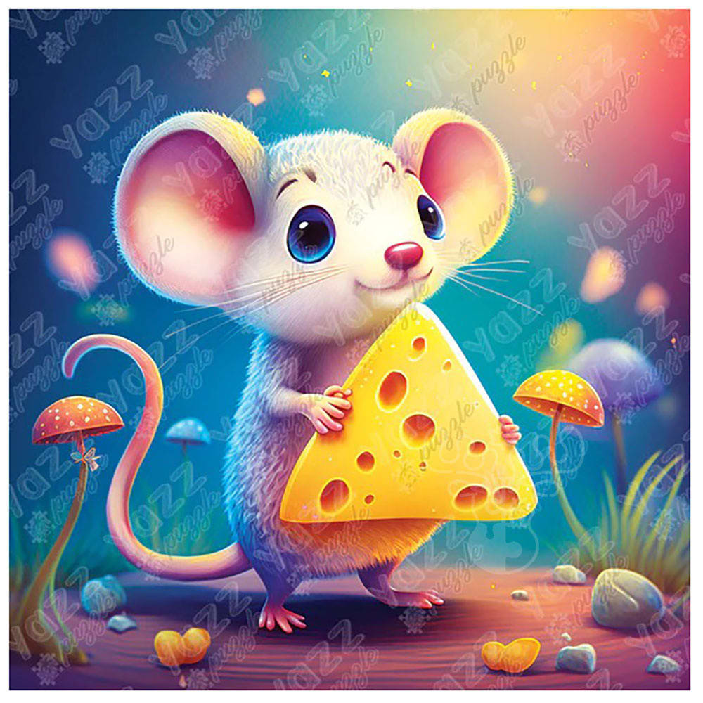 A whimsical cartoon mouse holding a large piece of Swiss cheese in a colorful, dreamlike forest.