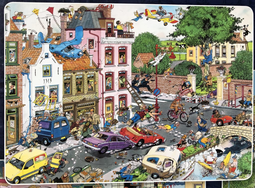 A humorous, densely populated cartoon scene of a chaotic city street with many strange events occurring simultaneously.