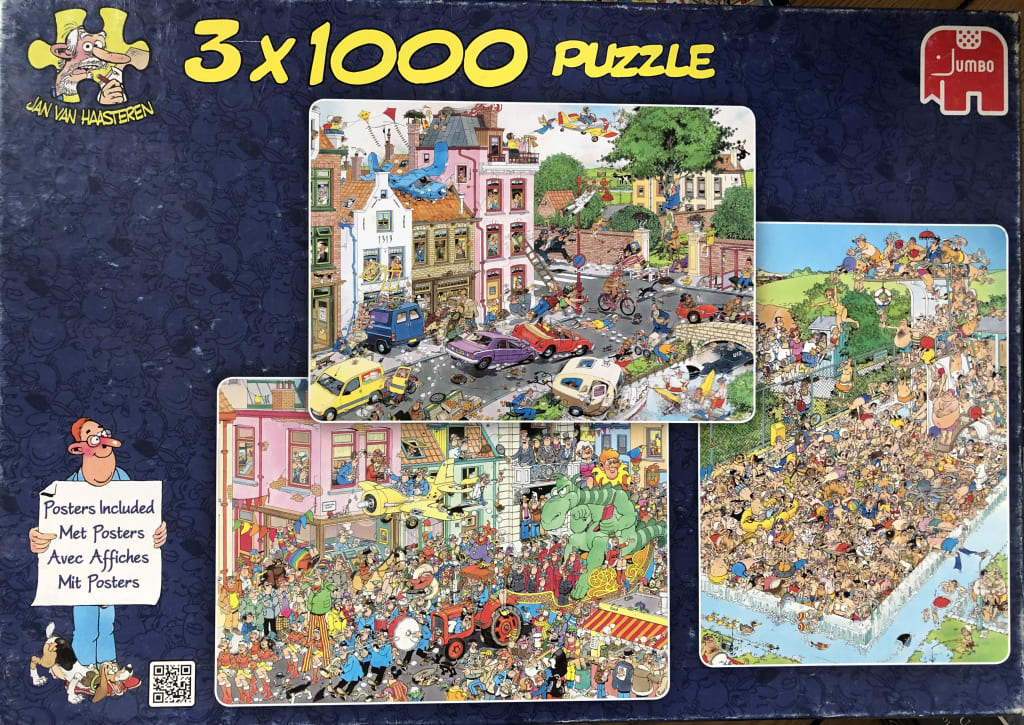 Three chaotic, comedic cartoon scenes packed with exaggerated characters and slapstick humor.