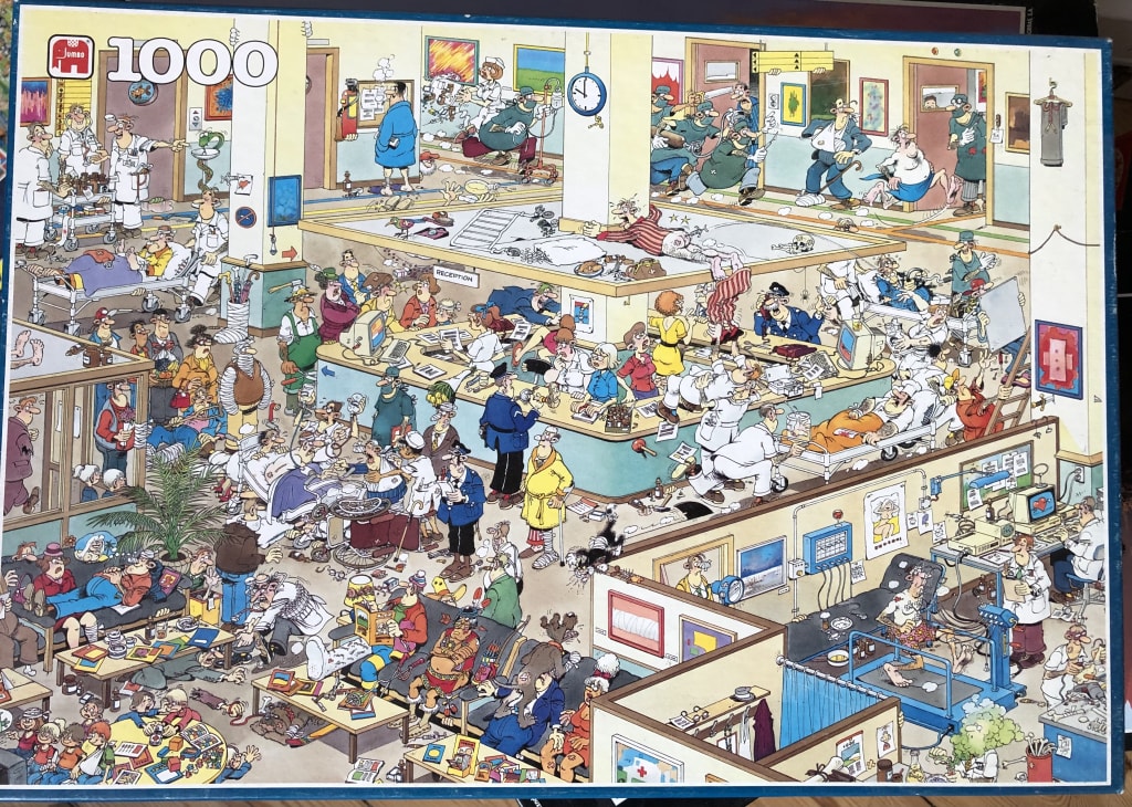 A chaotic cartoon hospital scene with many comedic patients, doctors, and nurses interacting in a busy medical ward.