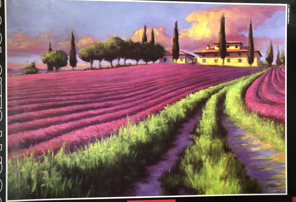 An oil painting of a vibrant purple lavender field stretching toward a traditional villa under a sunset sky.