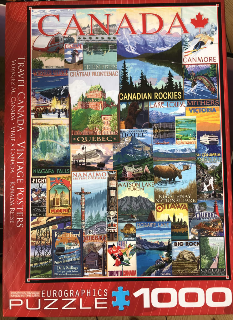 A collage of vintage-style travel posters depicting various Canadian landmarks and landscapes.