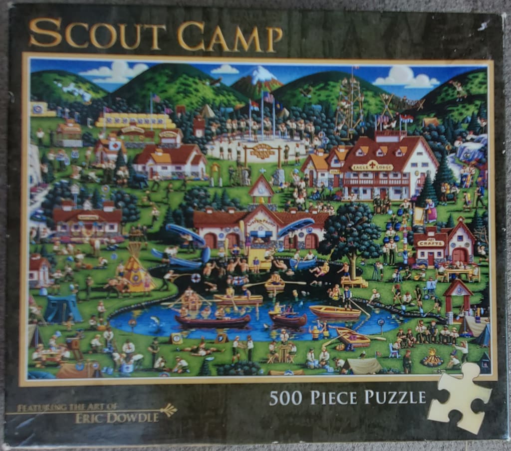 Folk art illustration of a bustling scout camp featuring a central lake, lodges, and numerous figures in nature.