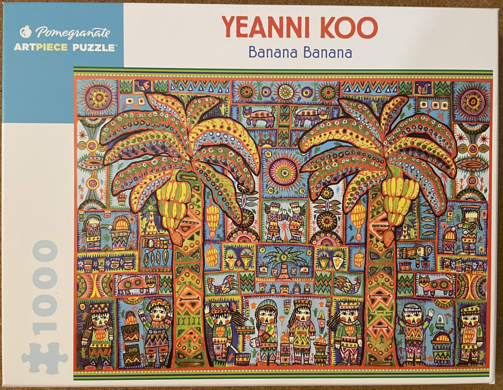 Intricate folk-art style painting of two banana trees surrounded by patterned figures, animals, and decorative geometric moti